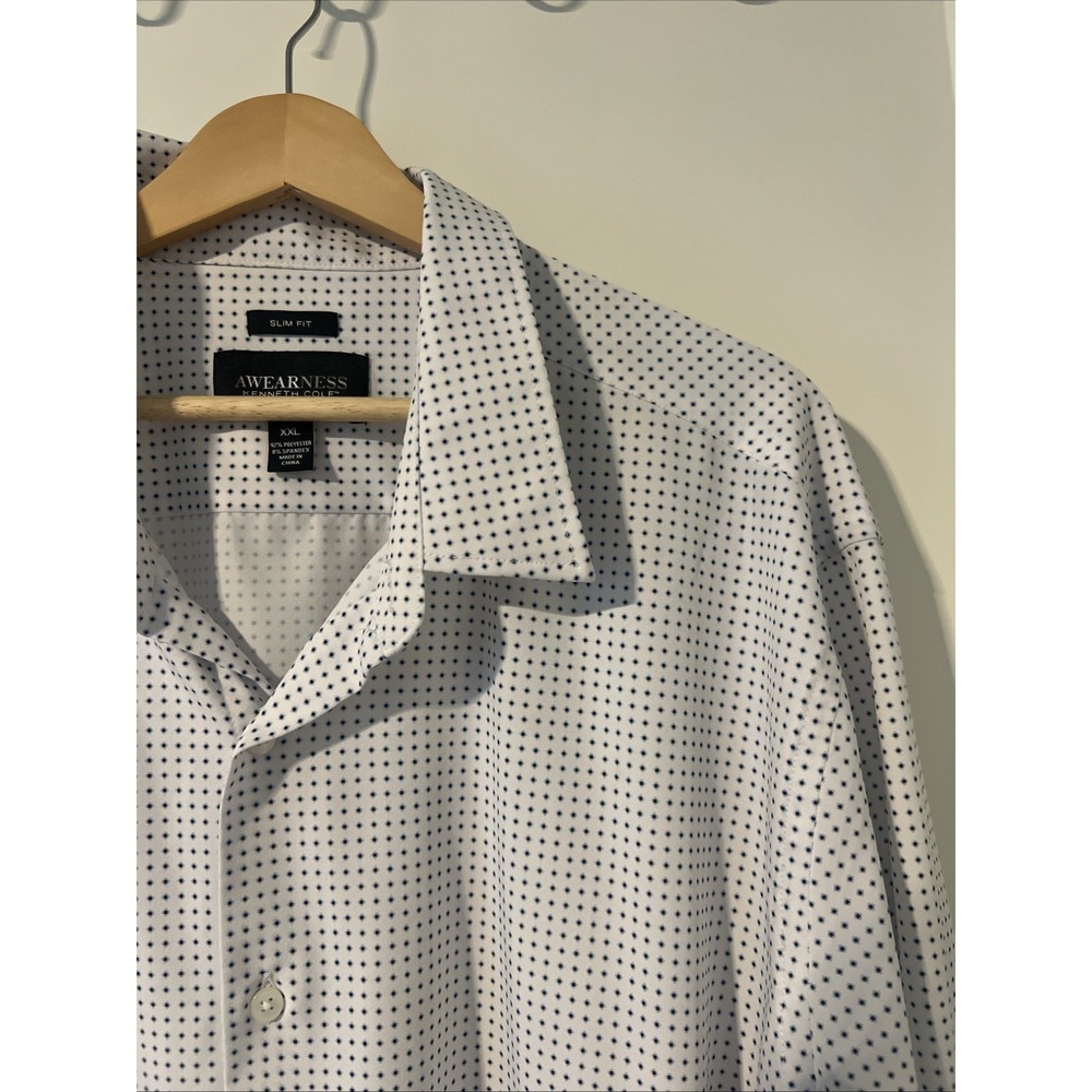Awearness Kenneth Cole‎ Mens XXL Slim Fit White Blue Dot Button Down Shirt